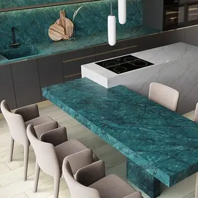 Image of installed ONE Quartz Surfaces Amazonite Blue Quartz countertops