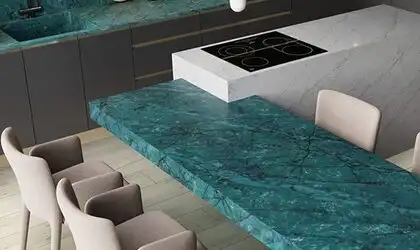 Image of installed ONE Quartz Surfaces Amazonite Blue Quartz countertops