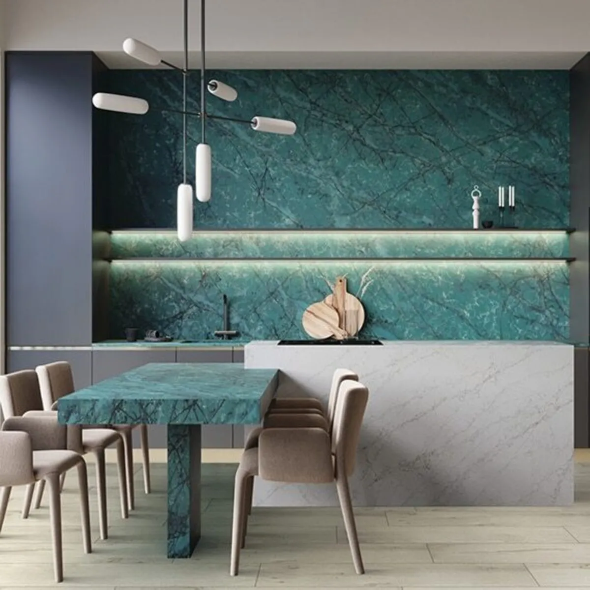 Image of installed ONE Quartz Surfaces Amazonite Blue Quartz countertops