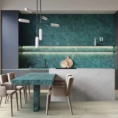 Image of installed ONE Quartz Surfaces Amazonite Blue Quartz countertops
