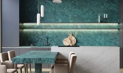 Image of installed ONE Quartz Surfaces Amazonite Blue Quartz countertops