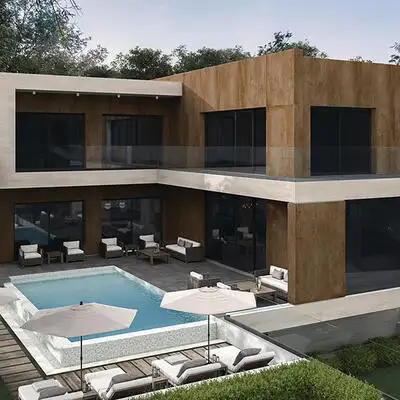 Image of installed Panoramic Porcelain Surfaces Brass Brown Porcelain countertops