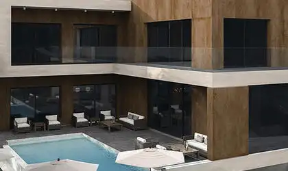 Image of installed Panoramic Porcelain Surfaces Brass Brown Porcelain countertops