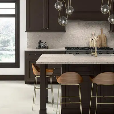 Image of installed ONE Quartz Surfaces Aspen Grey Beige Quartz countertops