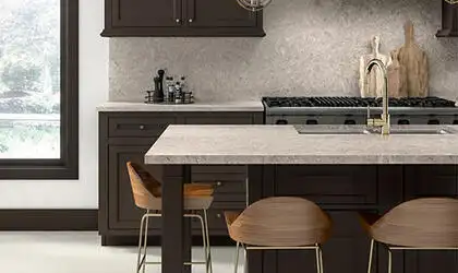 Image of installed ONE Quartz Surfaces Aspen Grey Beige Quartz countertops