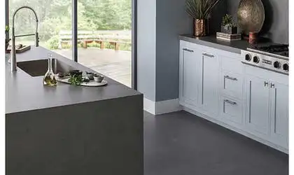 Image of installed Panoramic Porcelain Surfaces Hearth Smoke Grey Porcelain countertops