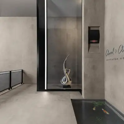 Image of installed Panoramic Porcelain Surfaces Cinder Rail Beige Porcelain countertops