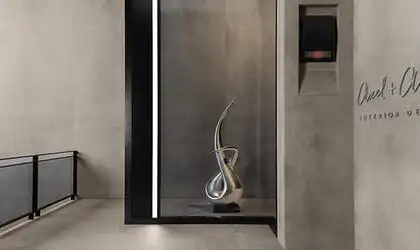 Image of installed Panoramic Porcelain Surfaces Cinder Rail Beige Porcelain countertops