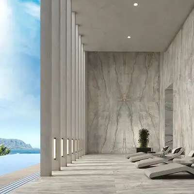 Image of installed Panoramic Porcelain Surfaces Elestial Grey Porcelain countertops