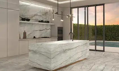 Image of installed Panoramic Porcelain Surfaces Elestial Grey Porcelain countertops