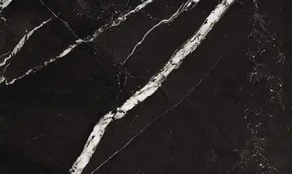 Closeup image of Panoramic Porcelain Surfaces Zebra Calacatta Black Porcelain countertop slab
