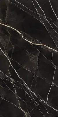 Image of installed Panoramic Porcelain Surfaces Zebra Calacatta Black Porcelain countertops
