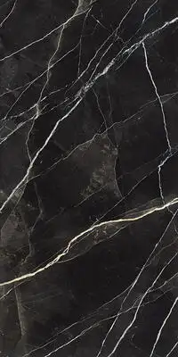 Image of installed Panoramic Porcelain Surfaces Zebra Calacatta Black Porcelain countertops