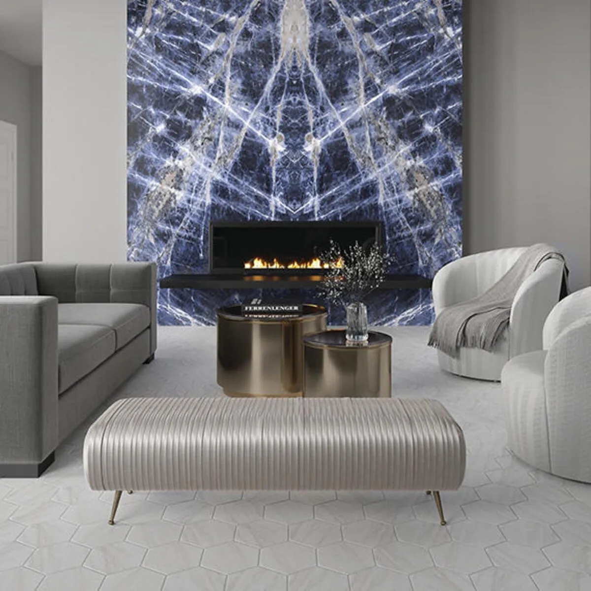 Image of installed Panoramic Porcelain Surfaces Sapphire Status Blue Porcelain countertops