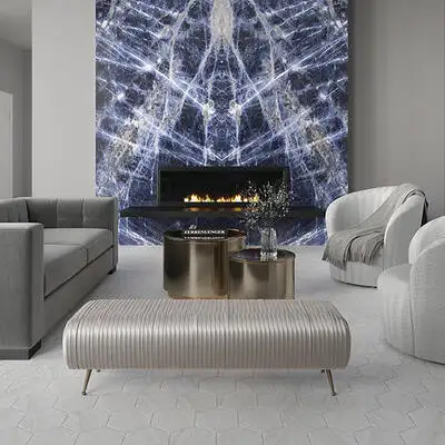 Image of installed Panoramic Porcelain Surfaces Sapphire Status Blue Porcelain countertops