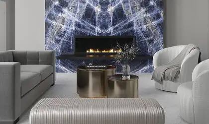 Image of installed Panoramic Porcelain Surfaces Sapphire Status Blue Porcelain countertops