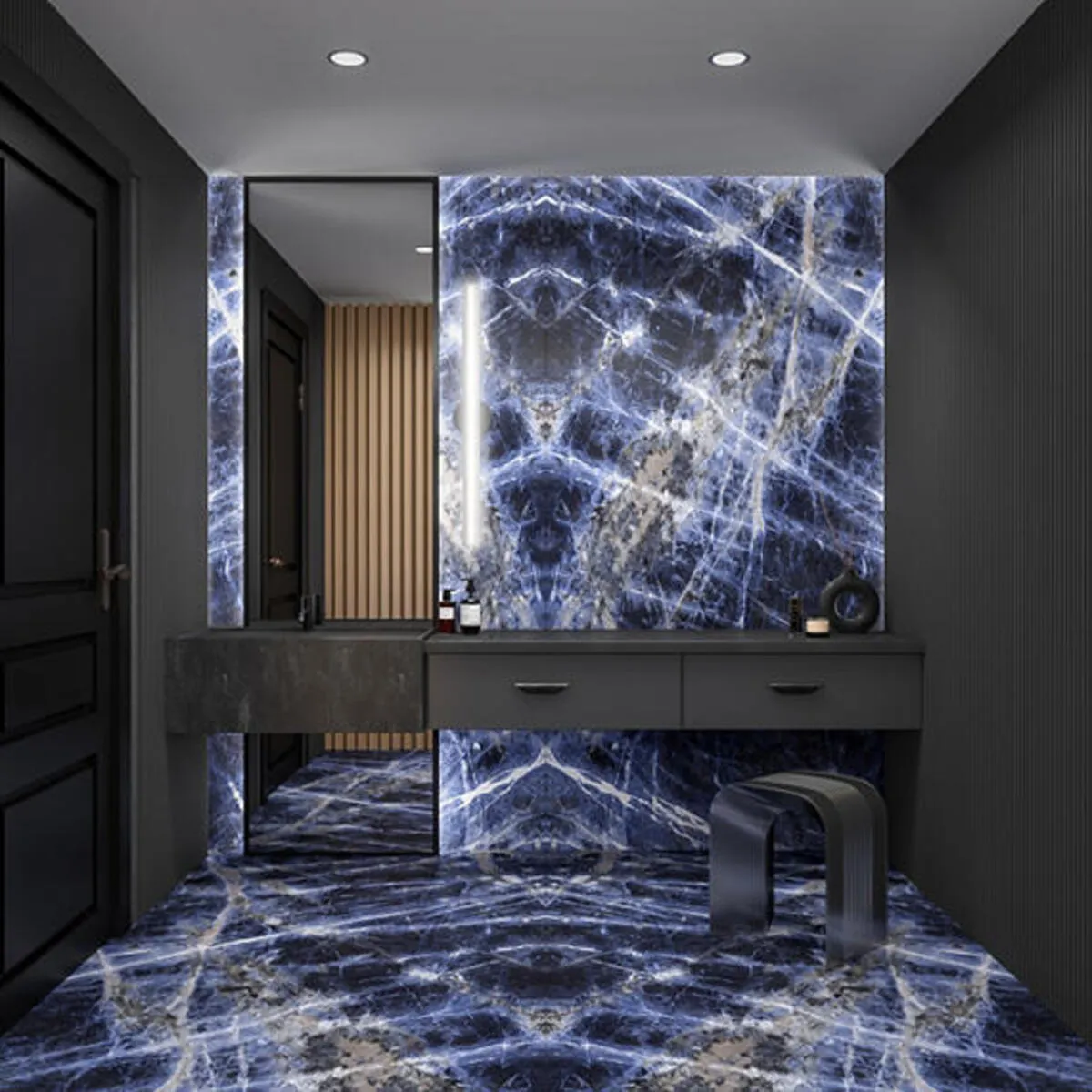 Image of installed Panoramic Porcelain Surfaces Sapphire Status Blue Porcelain countertops