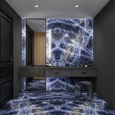 Image of installed Panoramic Porcelain Surfaces Sapphire Status Blue Porcelain countertops