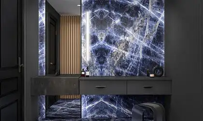 Image of installed Panoramic Porcelain Surfaces Sapphire Status Blue Porcelain countertops