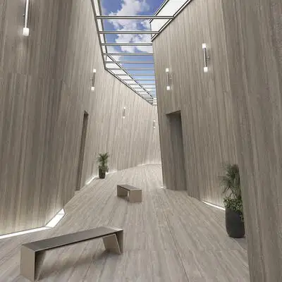 Image of installed Panoramic Porcelain Surfaces Opal Travertine Grey Porcelain countertops