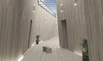 Image of installed Panoramic Porcelain Surfaces Opal Travertine Grey Porcelain countertops