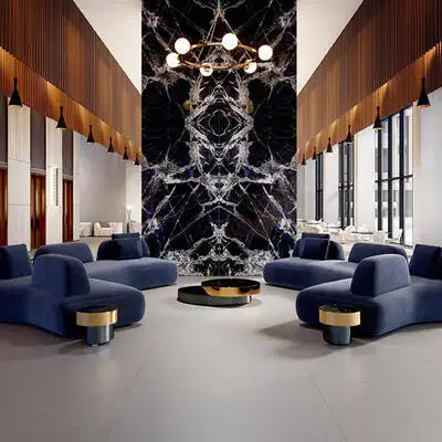Image of installed Panoramic Porcelain Surfaces Imperial Status Black Porcelain countertops
