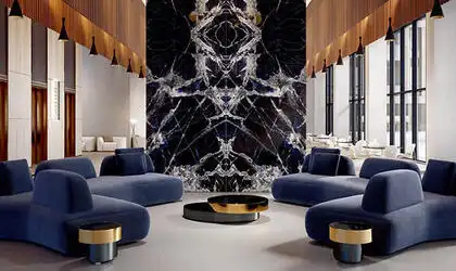 Image of installed Panoramic Porcelain Surfaces Imperial Status Black Porcelain countertops