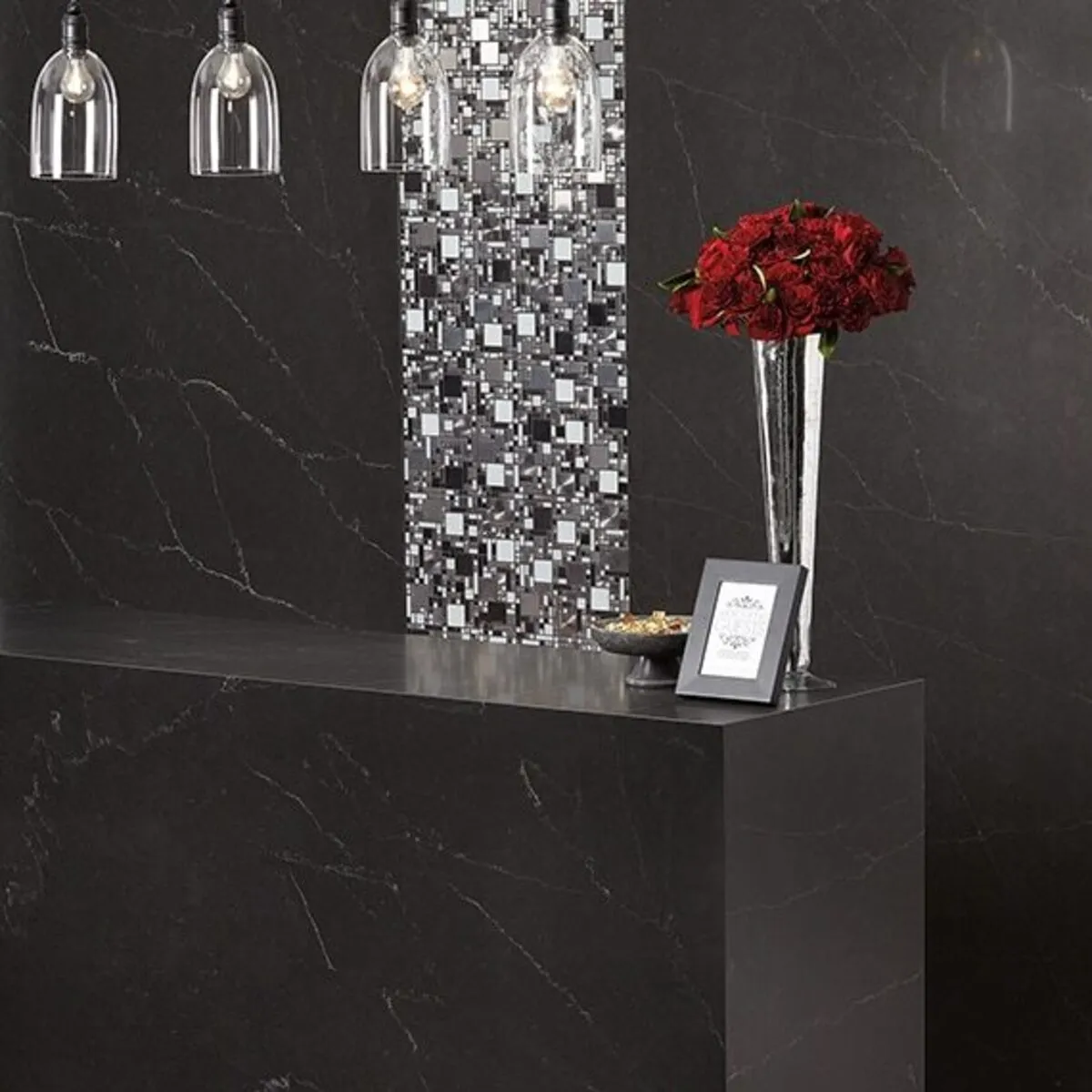 Image of installed ONE Quartz Surfaces Broadway Black Black Quartz countertops