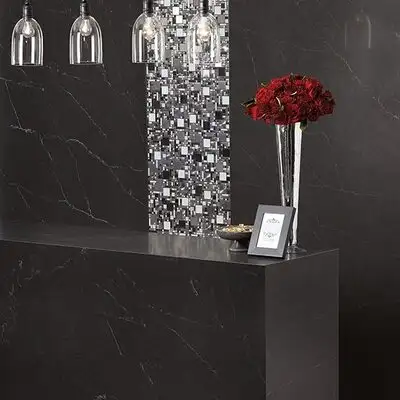 Image of installed ONE Quartz Surfaces Broadway Black Black Quartz countertops