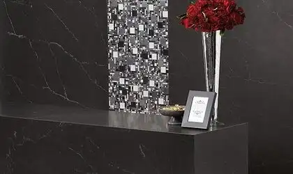 Image of installed ONE Quartz Surfaces Broadway Black Black Quartz countertops