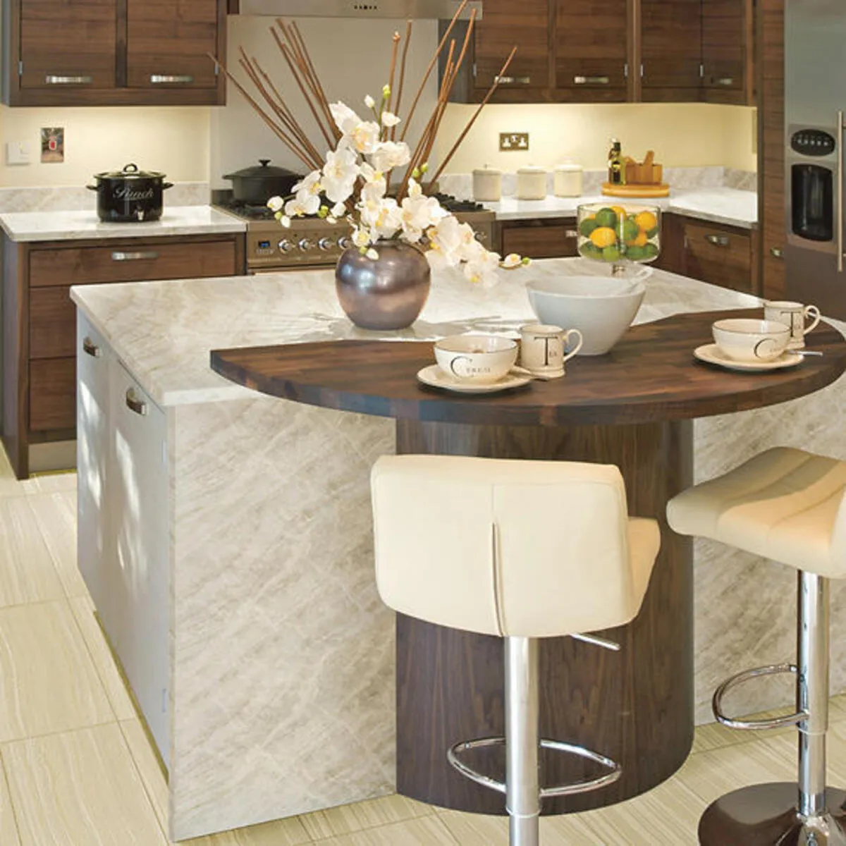Image of installed Taj Mahal Cream Quartzite countertops