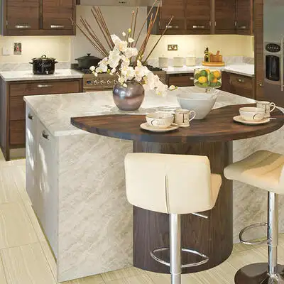 Image of installed Taj Mahal Cream Quartzite countertops