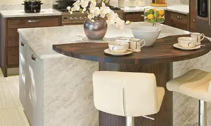 Image of installed Taj Mahal Cream Quartzite countertops