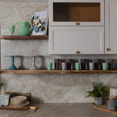 Image of installed Taj Mahal Cream Quartzite countertops