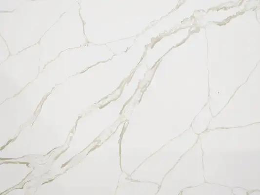 Closeup image of CRS Quartz Calacatta Crema Jumbo White Quartz countertop slab