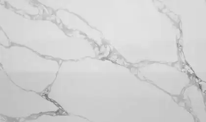 Closeup image of CRS Quartz Calacatta Prime Jumbo White Quartz countertop slab