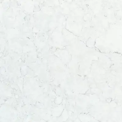 Closeup image of Viatera Carrara Trinita Jumbo White Quartz countertop slab