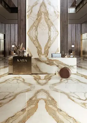 Image of installed Infinity Calacatta Hermitage Cream Porcelain countertops