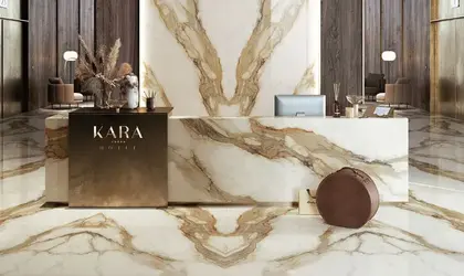 Image of installed Infinity Calacatta Hermitage Cream Porcelain countertops