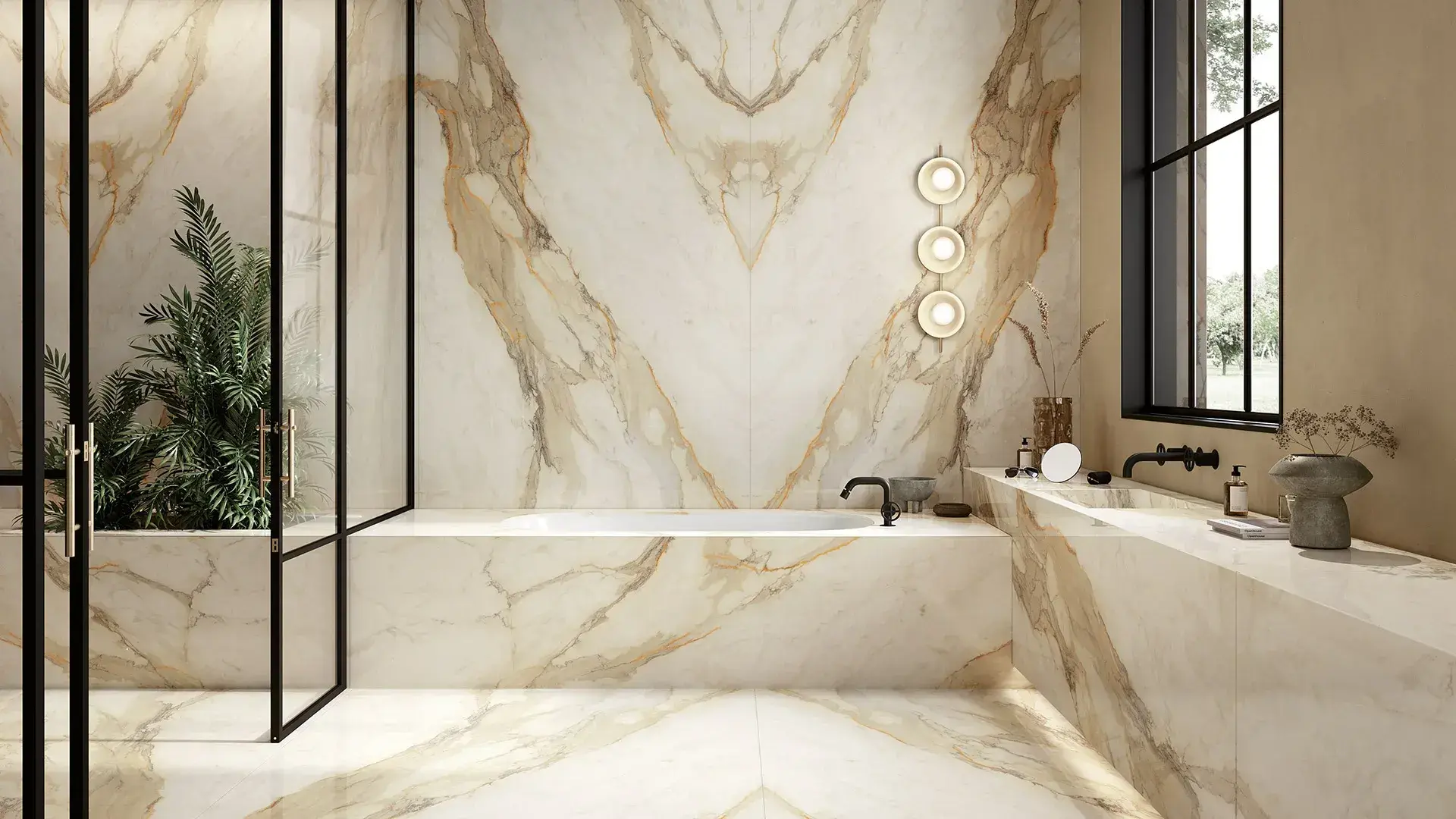 Image of installed Infinity Calacatta Hermitage Cream Porcelain countertops