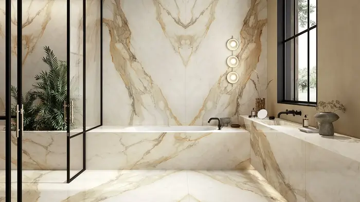 Image of installed Infinity Calacatta Hermitage Cream Porcelain countertops