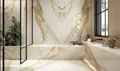 Image of installed Infinity Calacatta Hermitage Cream Porcelain countertops