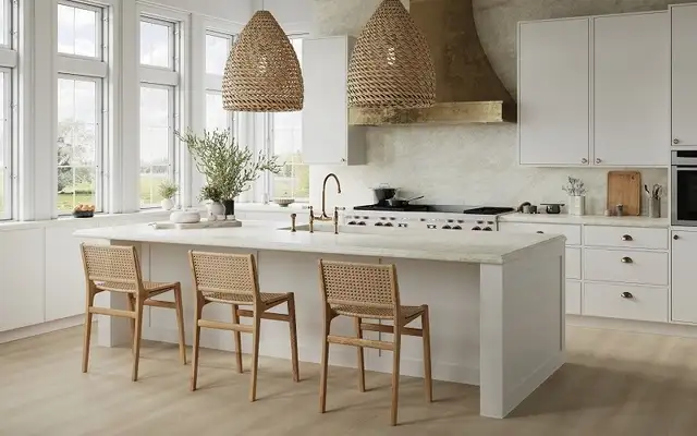 Image of installed Viatera Taj Duna Cream Quartz countertops