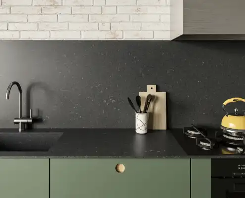 Image of installed Silestone Cinder Craze Grey Quartz countertops