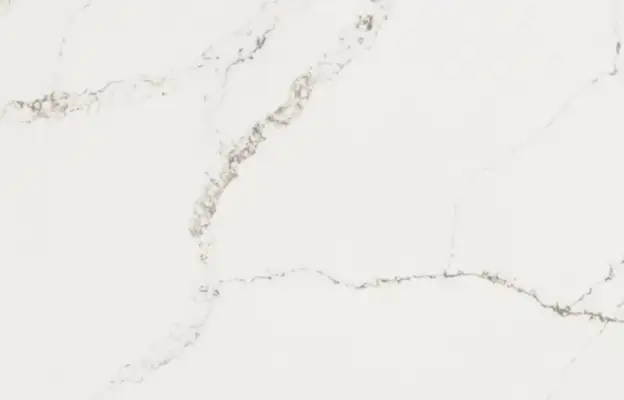 Closeup image of Stratus Quartz Calacatta Lumiere White Quartz countertop slab