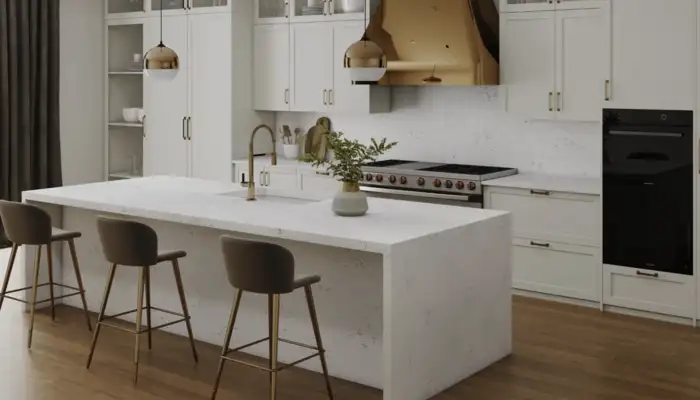 Image of installed PentalQuartz Carrara Vario White Quartz countertops