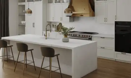 Image of installed PentalQuartz Carrara Vario White Quartz countertops