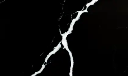 Closeup image of Vicostone Nero Marquina Black Quartz countertop slab Stone Countertop