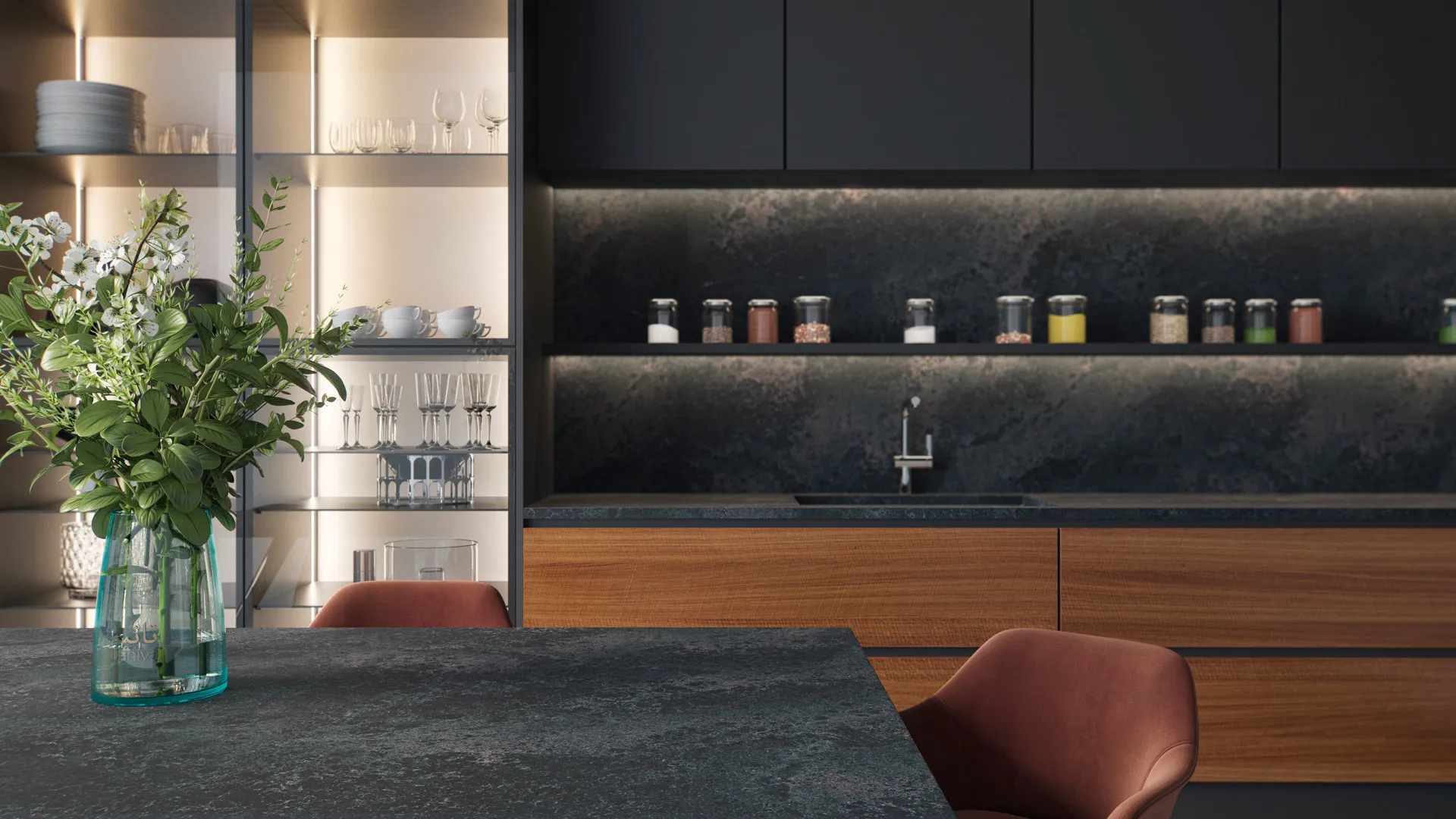 Image of installed Caesarstone Darcrest Quartz countertops