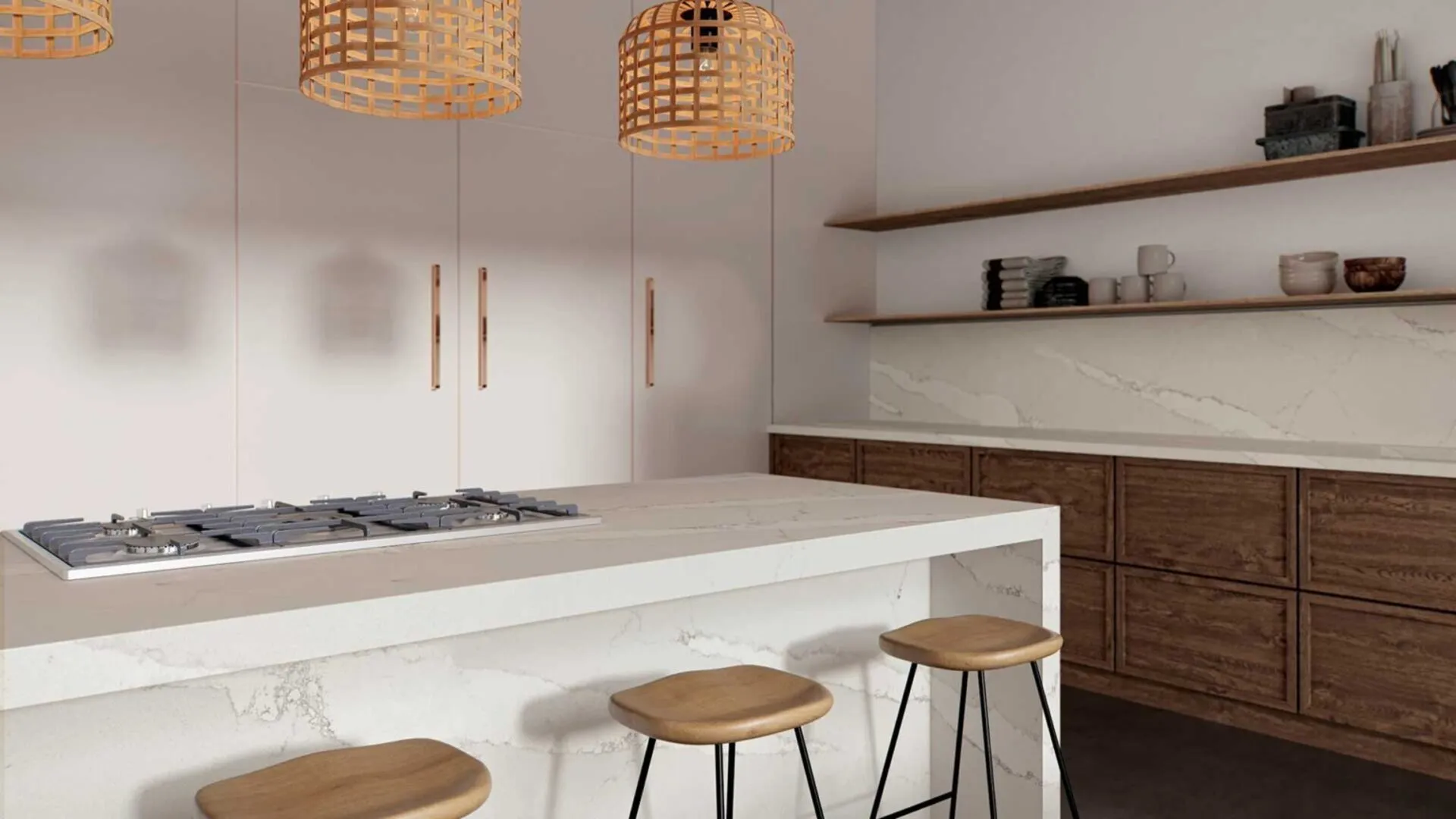 Image of installed Caesarstone Icellion White Quartz countertops